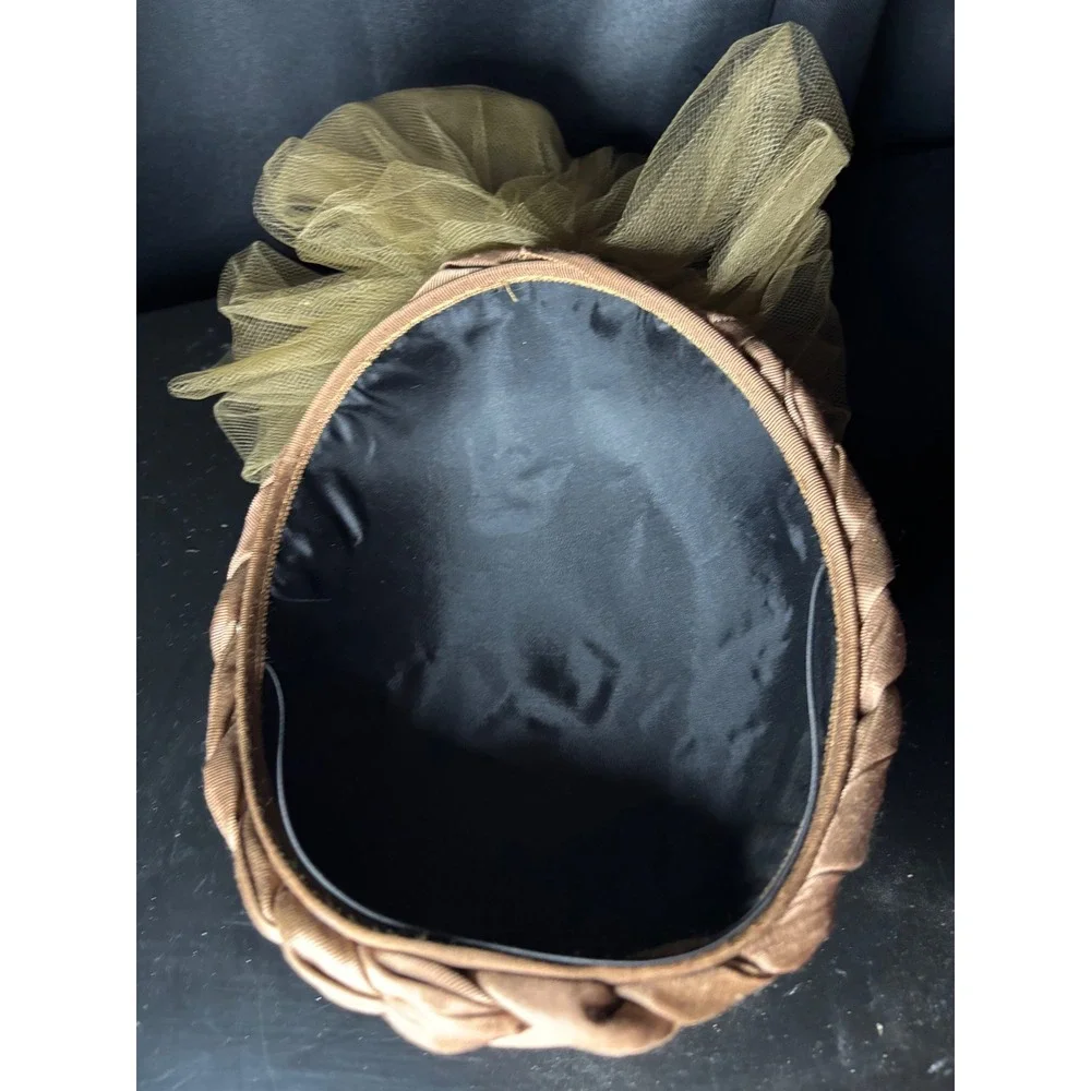 Vintage Bronze Pillbox Hat with Braided Trim and Gold Tulle Netting Fascinator